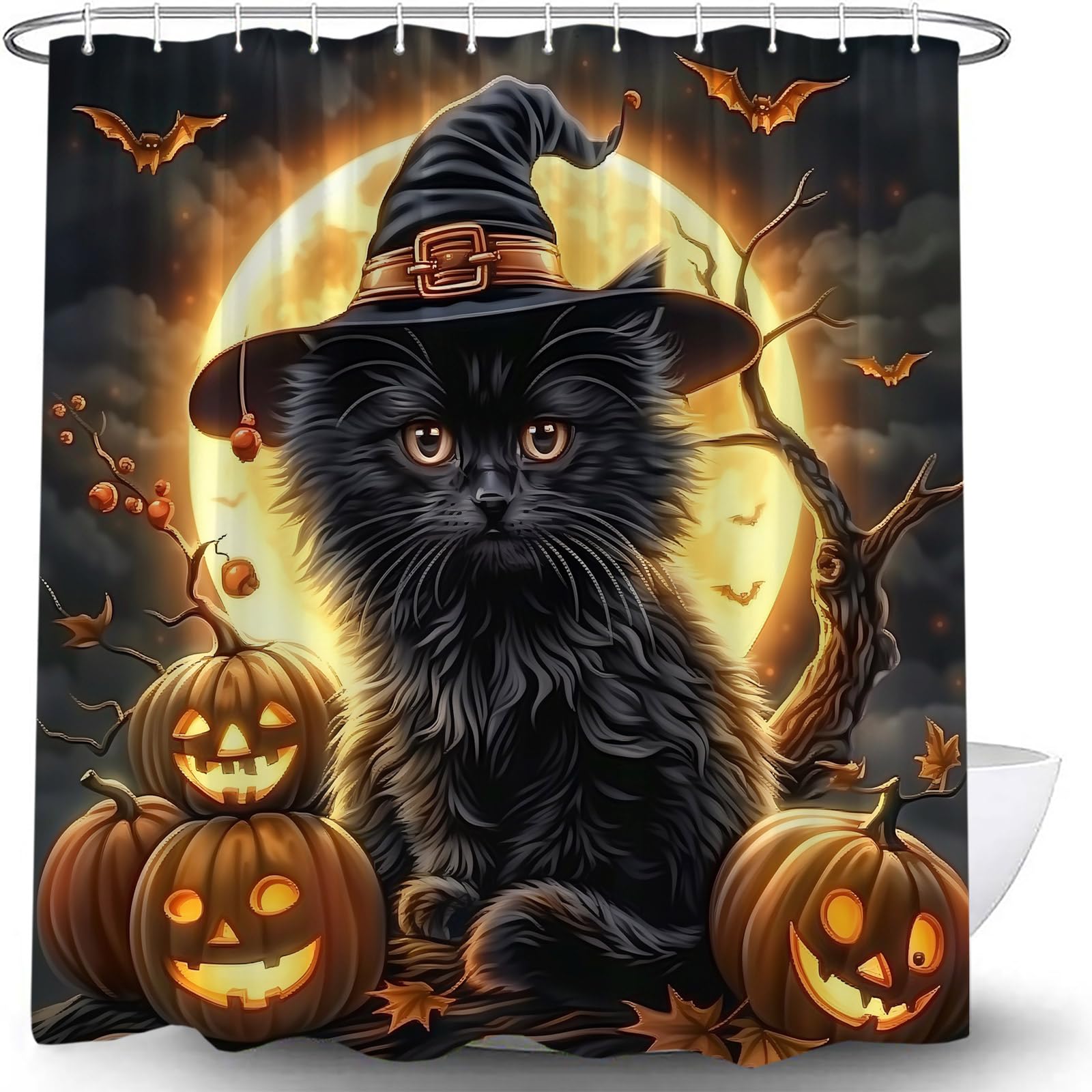 Amazon｜ハロウィンシャワーカーテン 不気味な黒猫 魔女の帽子をかぶっ